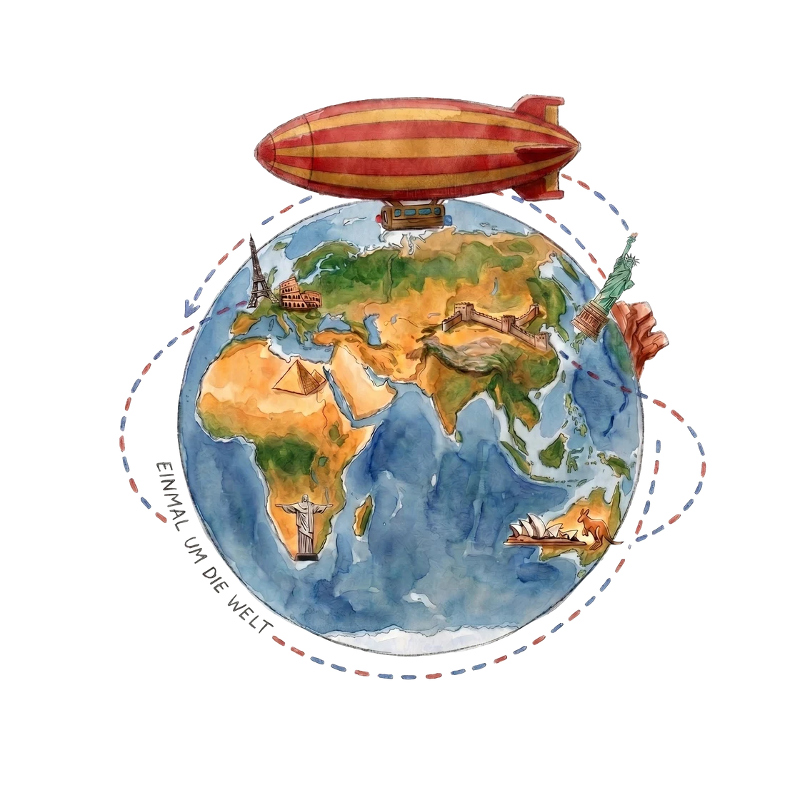 Gezeichneter Globus mit Zeppelin und Reiseroute