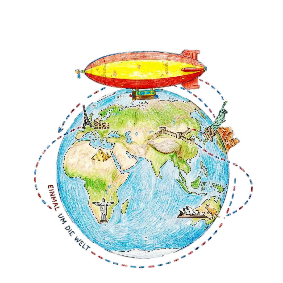 Gezeichnete Weltkugel mit Zeppelin
