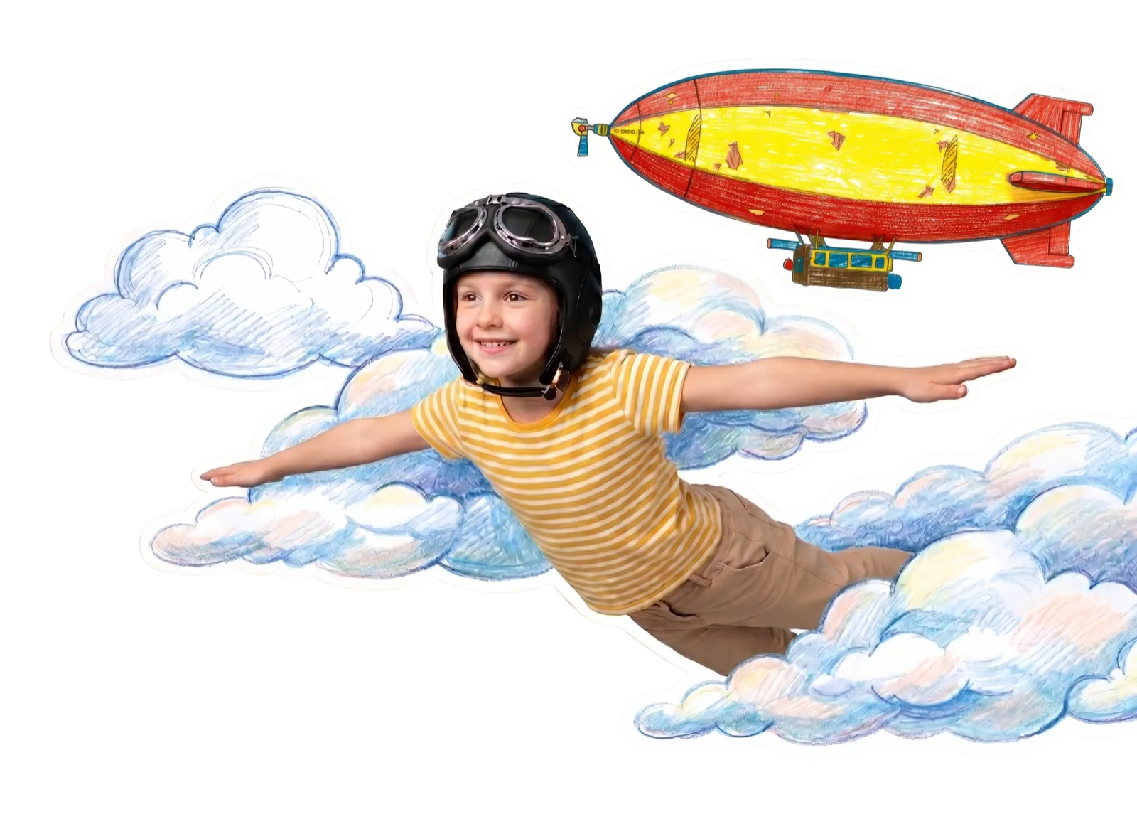 Junge fliegt mit Pilotenbrille durch gezeichnete Wolken, daneben ein Zeppelin
