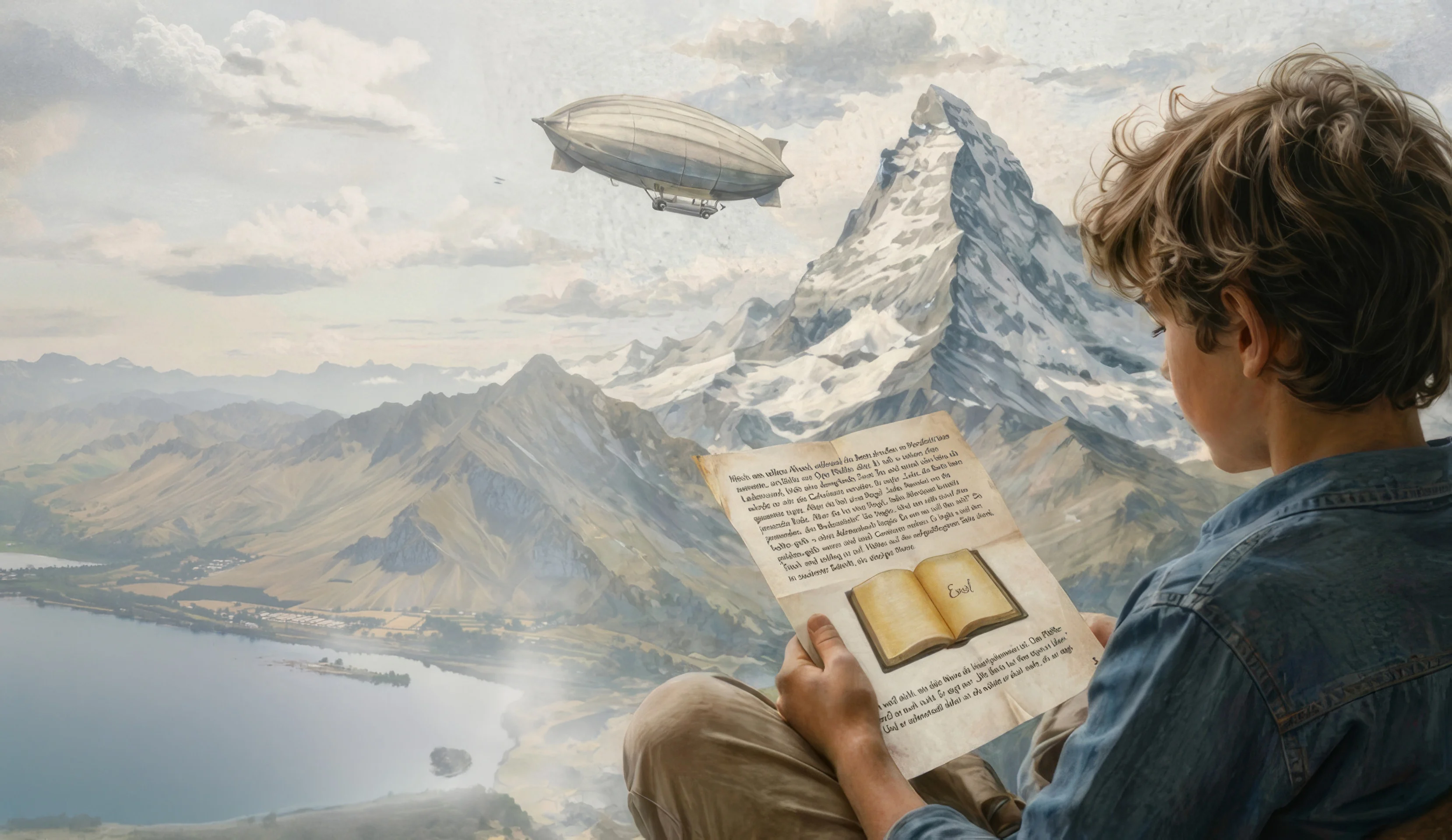 Junge sitzt vor dem Matterhorn und liest einen Brief, darüber fliegt ein Zeppelin