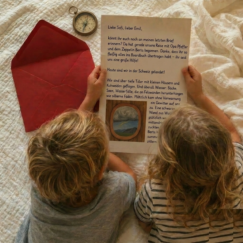 Zwei Kinder lesen gemeinsam einen Wunderbrief